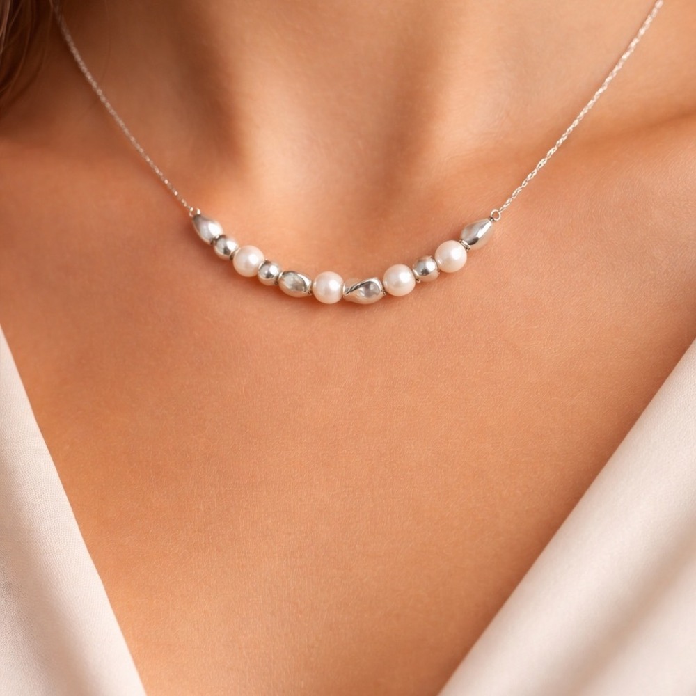 Necklace Faux Pearl Silver Tone Minimalist Beaded Bar 18 Inch Elegant Jewelry